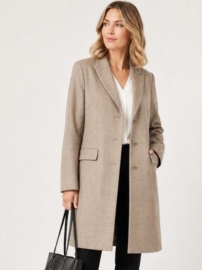 Austin Reed London New York 100% Worsted Wool Long Topcoat Coat Beige Taupe 14W